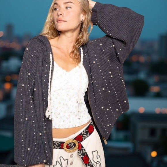 POL Hoodie With Pearls Grey Hooded Sweater with Pearl Accents New Boutique - Picture 16 of 16